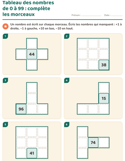 Aperçu de la fiche Tableau des nombres : morceaux pour CP (cours préparatoire)