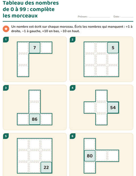 Aperçu de la fiche Tableau des nombres : morceaux pour CP (cours préparatoire)