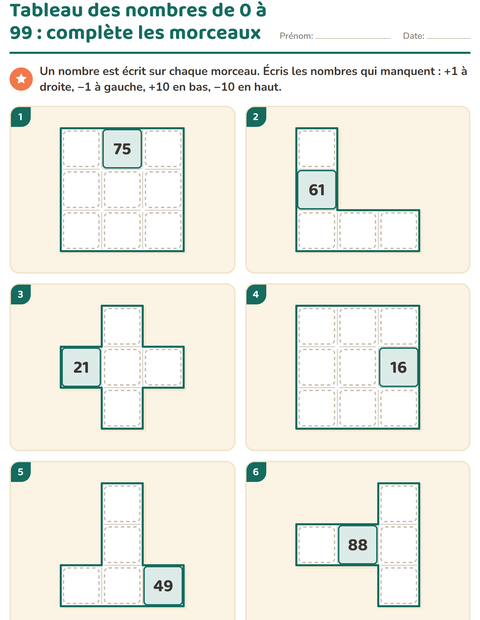 Tableau des nombres de 0 à 99 : complète les morceaux