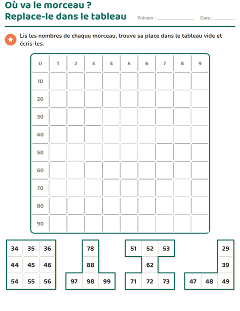 Aperçu de la fiche Tableau des nombres : morceaux pour CP (cours préparatoire)