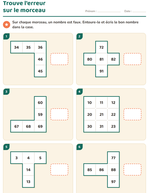 Aperçu de la fiche Tableau des nombres : morceaux pour CP (cours préparatoire)