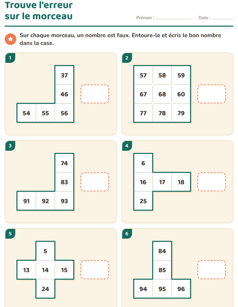 Aperçu de la fiche Tableau des nombres : morceaux pour CP (cours préparatoire)