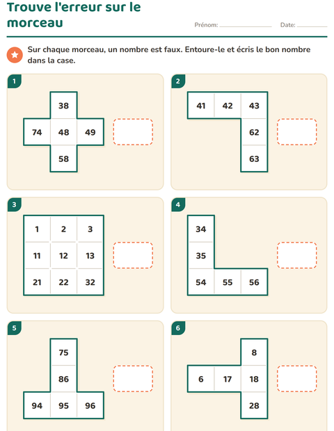 Aperçu de la fiche Tableau des nombres : morceaux pour CP (cours préparatoire)