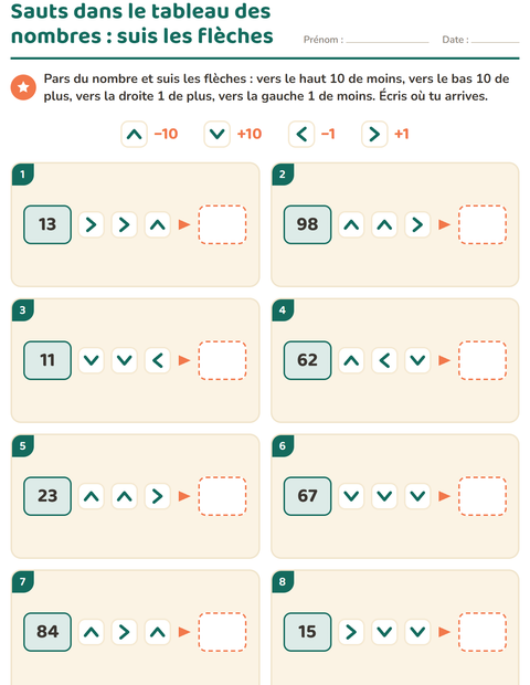 Aperçu de la fiche Tableau des nombres : morceaux pour CE1 (cours élémentaire 1)