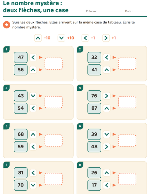 Aperçu de la fiche Tableau des nombres : morceaux pour CE1 (cours élémentaire 1)
