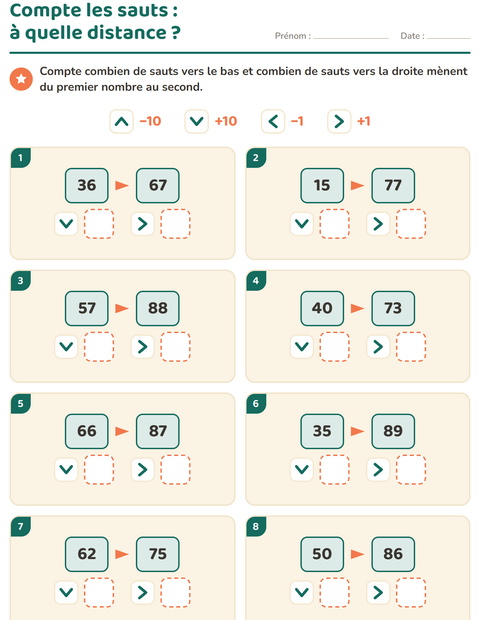 Aperçu de la fiche Tableau des nombres : morceaux pour CE1 (cours élémentaire 1)