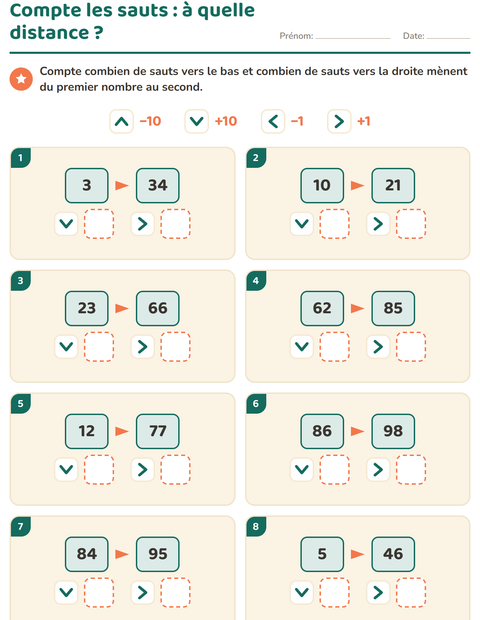 Aperçu de la fiche Tableau des nombres : morceaux pour CE1 (cours élémentaire 1)