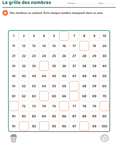 Aperçu de la fiche Tableau des nombres avec Nourriture NB pour CP (cours préparatoire)