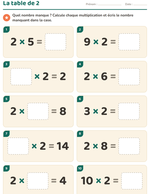 Aperçu de la fiche Tables de multiplication pour CE2 (cours élémentaire 2)