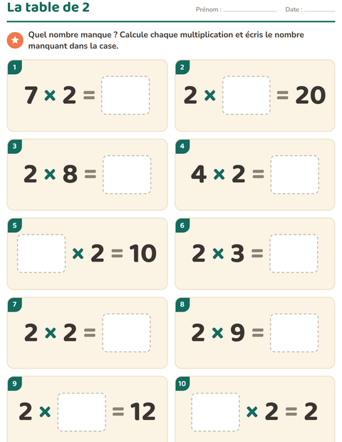 Aperçu de la fiche Tables de multiplication pour CE2 (cours élémentaire 2)