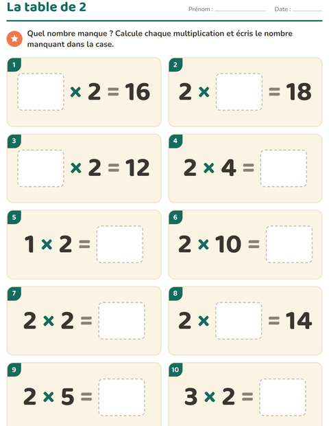 Aperçu de la fiche Tables de multiplication pour CE2 (cours élémentaire 2)