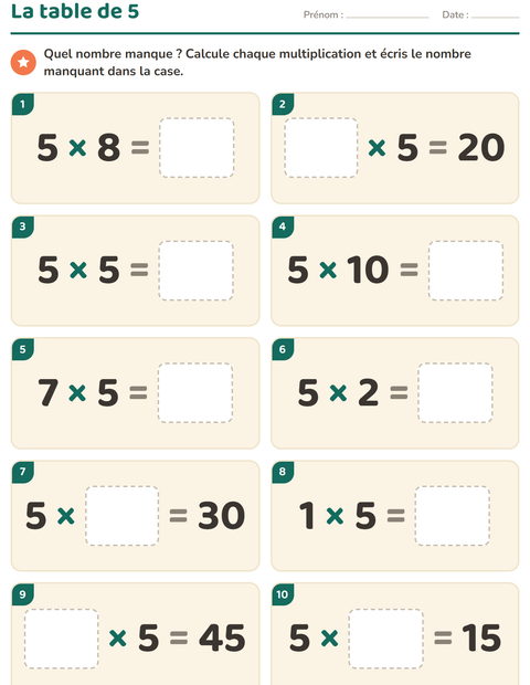 Aperçu de la fiche Tables de multiplication pour CE2 (cours élémentaire 2)