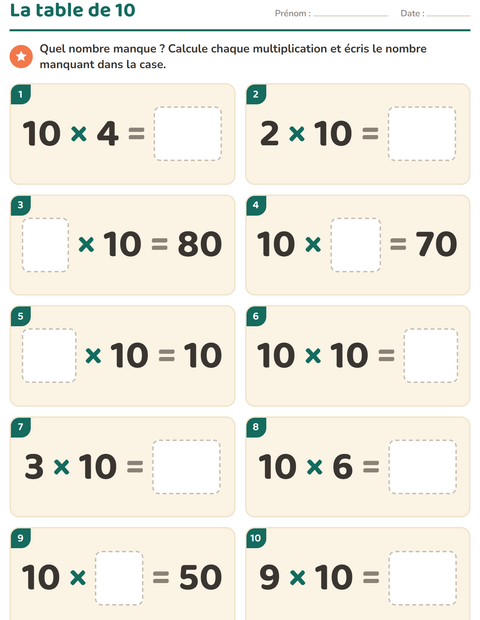 Aperçu de la fiche Tables de multiplication pour CE2 (cours élémentaire 2)