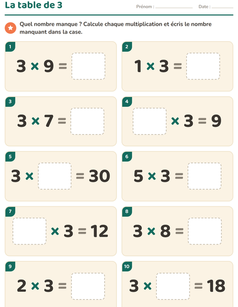 Aperçu de la fiche Tables de multiplication pour CE2 (cours élémentaire 2)