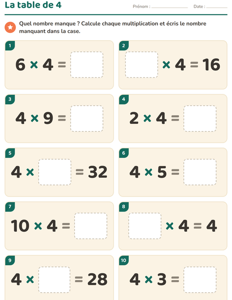 Aperçu de la fiche Tables de multiplication pour CE2 (cours élémentaire 2)