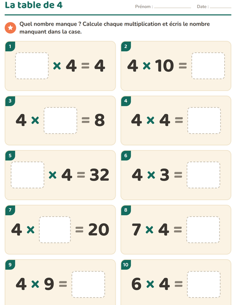 Aperçu de la fiche Tables de multiplication pour CE2 (cours élémentaire 2)