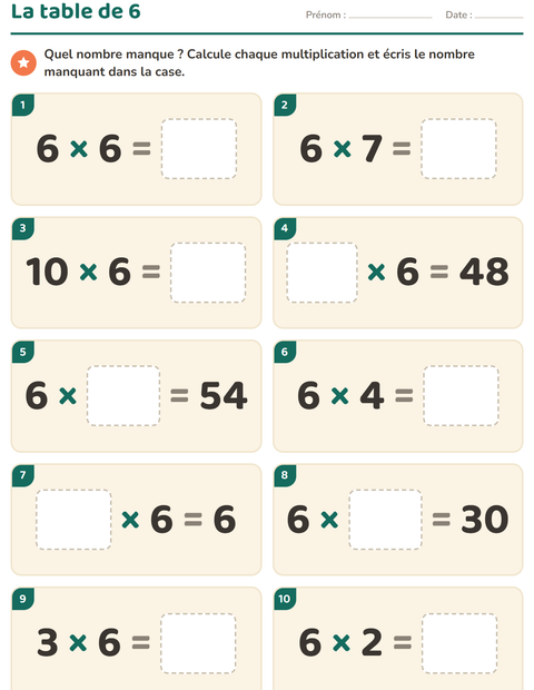 Aperçu de la fiche Tables de multiplication pour CE2 (cours élémentaire 2)