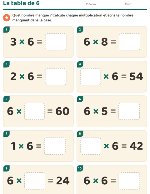 Aperçu de la fiche Tables de multiplication pour CE2 (cours élémentaire 2)