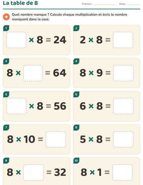 Aperçu de la fiche Tables de multiplication pour CE2 (cours élémentaire 2)