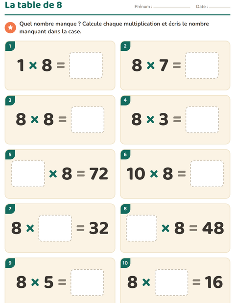 Aperçu de la fiche Tables de multiplication pour CE2 (cours élémentaire 2)