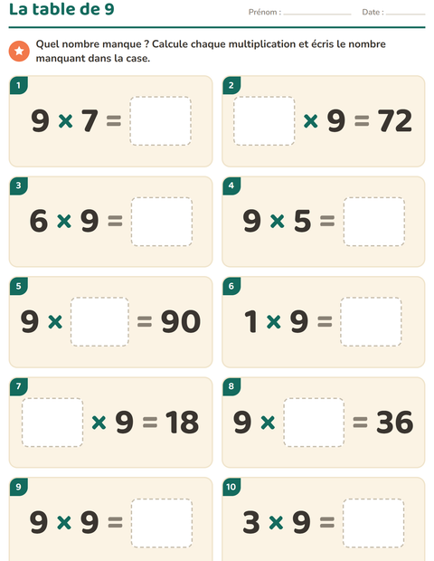 Aperçu de la fiche Tables de multiplication pour CE2 (cours élémentaire 2)
