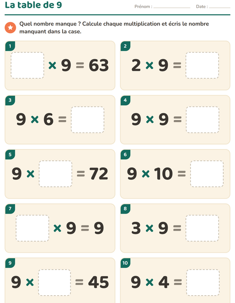 Aperçu de la fiche Tables de multiplication pour CE2 (cours élémentaire 2)