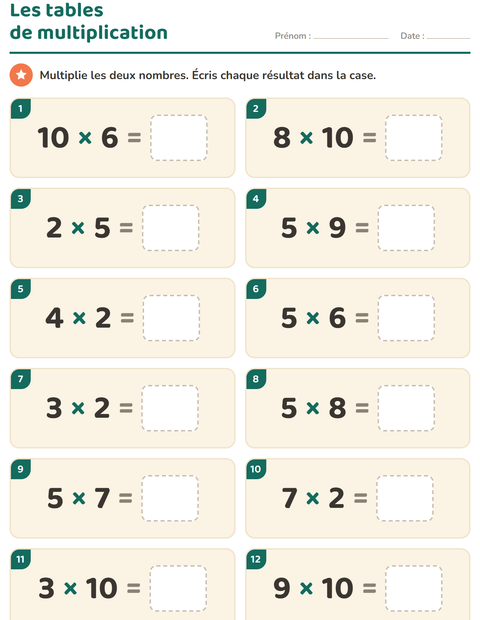 Aperçu de la fiche Tables de multiplication pour CE2 (cours élémentaire 2)