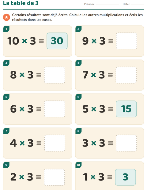 Aperçu de la fiche Tables de multiplication pour CE2 (cours élémentaire 2)