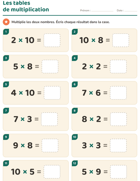 Aperçu de la fiche Tables de multiplication pour CE2 (cours élémentaire 2)