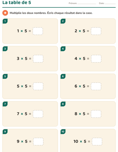 La table de 5 : de 1 × 5 à 10 × 5