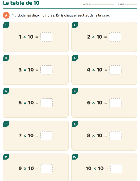 La table de 10 : de 1 × 10 à 10 × 10