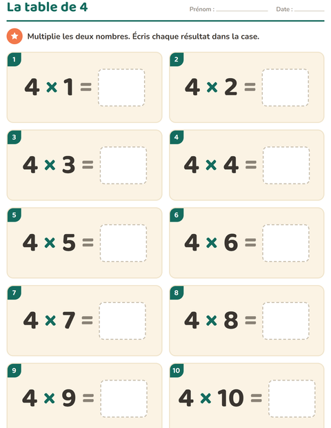 Aperçu de la fiche Tables de multiplication pour CE2 (cours élémentaire 2)