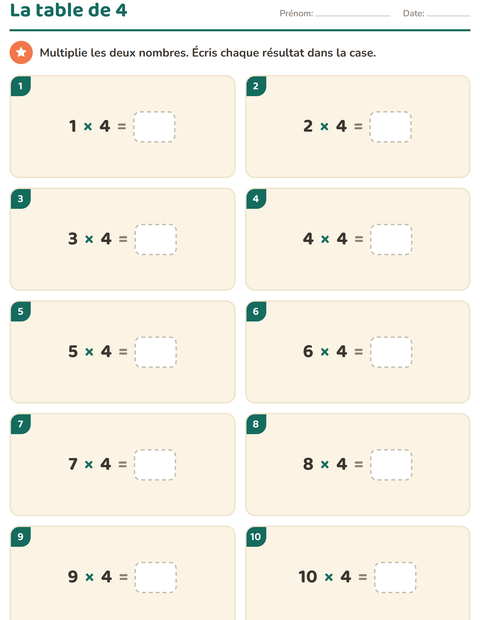 La table de 4 : de 1 × 4 à 10 × 4