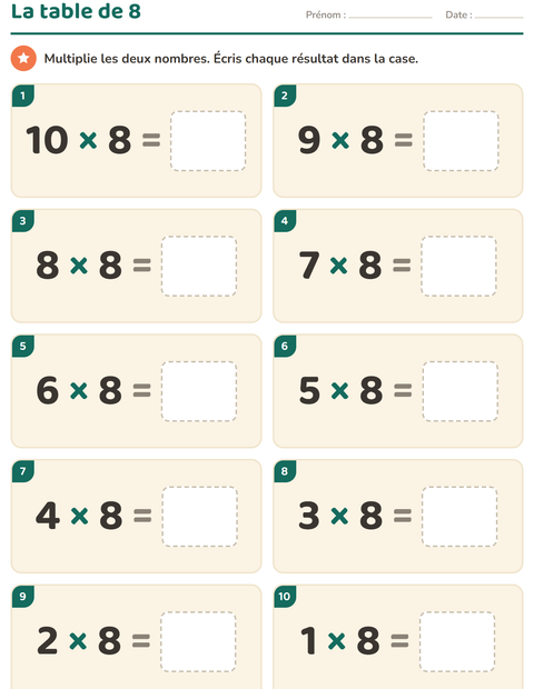 Aperçu de la fiche Tables de multiplication pour CE2 (cours élémentaire 2)