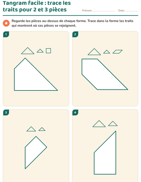 Aperçu : Tangram facile : trace les traits pour 2 et 3 pièces