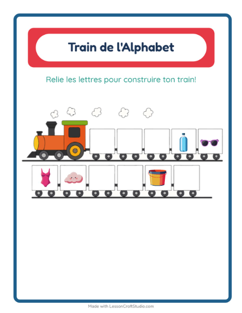 Aperçu de la fiche Train De L'alphabet avec Plage pour École maternelle (petite/moyenne section, 3-5 ans)