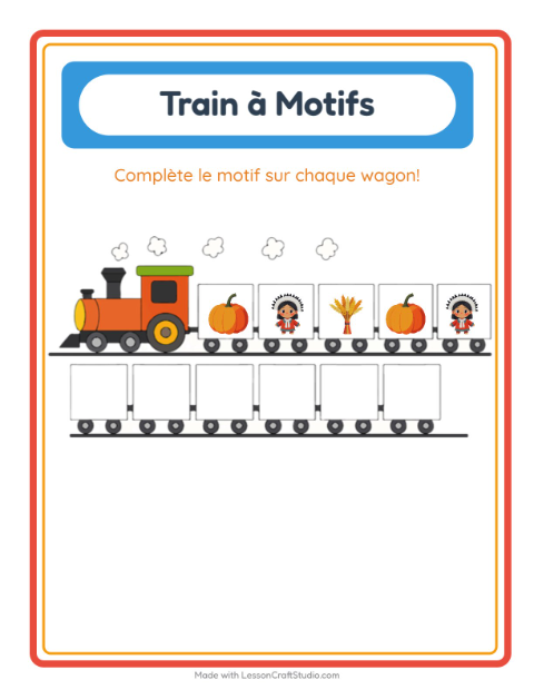Aperçu de la fiche Train De Modèles avec Action de grâce pour École maternelle (grande section, 5-7 ans)