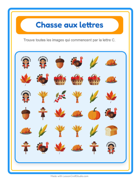Aperçu de la fiche Trouve Et Compte avec Action de grâce pour École maternelle (petite/moyenne section, 3-5 ans)