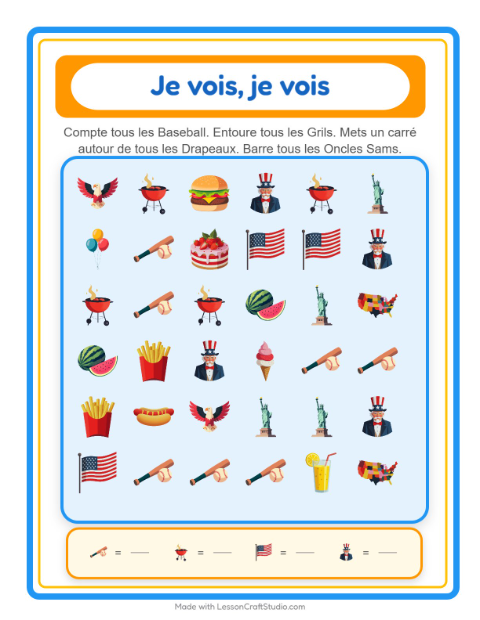 Aperçu de la fiche Trouve Et Compte avec 4 juillet pour École maternelle (petite/moyenne section, 3-5 ans)