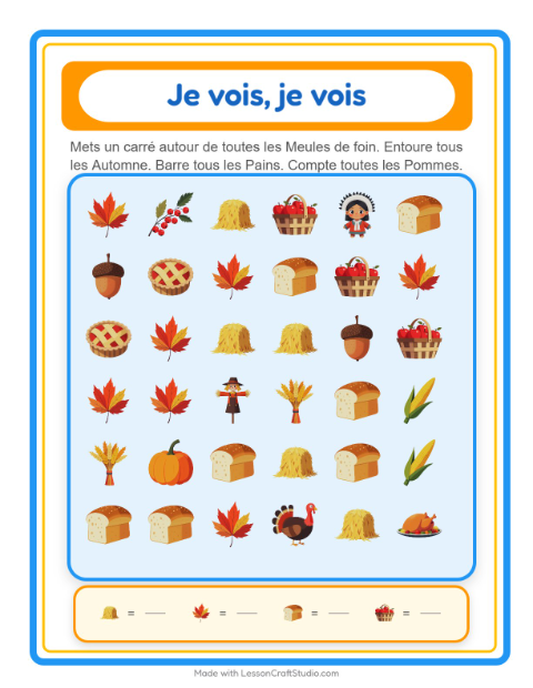 Aperçu de la fiche Trouve Et Compte avec Action de grâce pour École maternelle (petite/moyenne section, 3-5 ans)