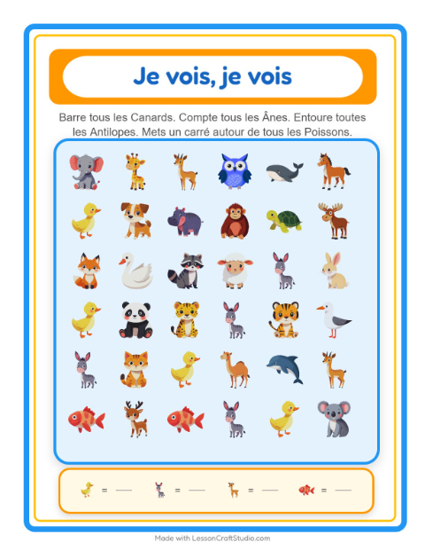 Aperçu de la fiche Trouve Et Compte avec Animaux pour École maternelle (petite/moyenne section, 3-5 ans)