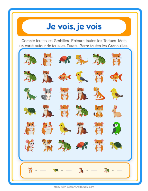 Aperçu de la fiche Trouve Et Compte avec Animaux de compagnie pour École maternelle (petite/moyenne section, 3-5 ans)