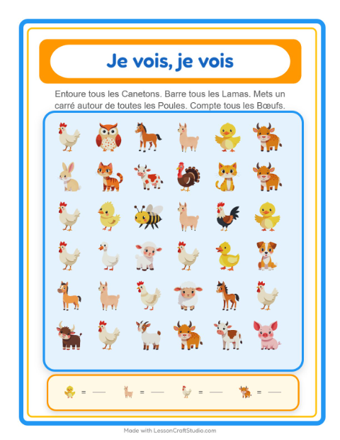 Aperçu de la fiche Trouve Et Compte avec Animaux de la ferme pour École maternelle (petite/moyenne section, 3-5 ans)