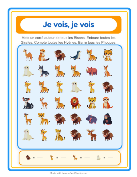 Aperçu de la fiche Trouve Et Compte avec Animaux du zoo pour École maternelle (petite/moyenne section, 3-5 ans)