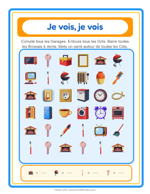 Aperçu de la fiche Trouve Et Compte avec Autour de la maison pour École maternelle (petite/moyenne section, 3-5 ans)