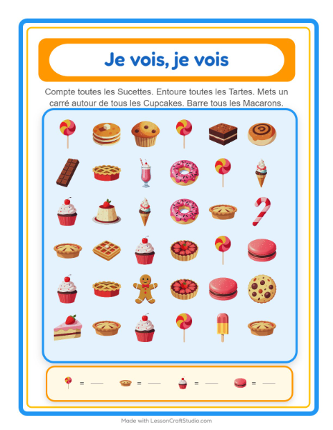 Aperçu de la fiche Trouve Et Compte avec Desserts et sucreries pour École maternelle (petite/moyenne section, 3-5 ans)
