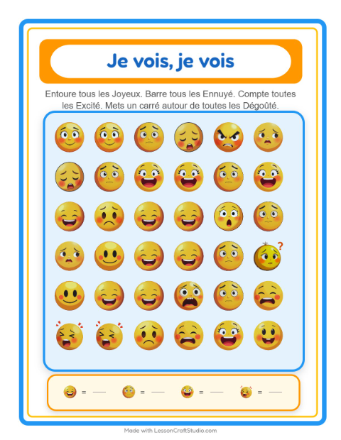 Aperçu de la fiche Trouve Et Compte avec Émotions pour École maternelle (petite/moyenne section, 3-5 ans)