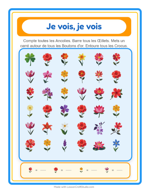 Aperçu de la fiche Trouve Et Compte avec Fleurs pour École maternelle (petite/moyenne section, 3-5 ans)