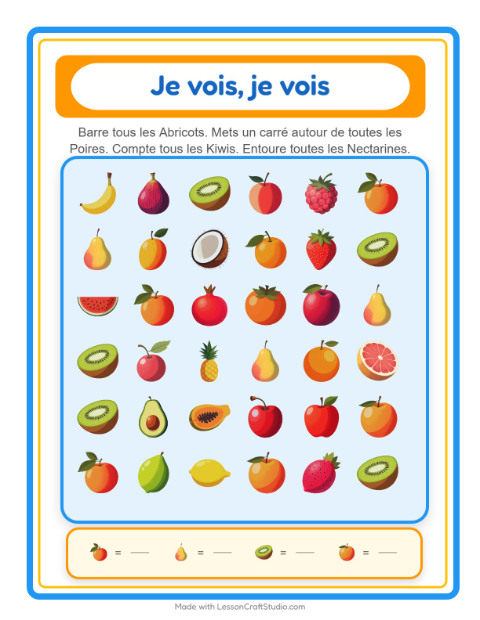 Aperçu de la fiche Trouve Et Compte avec Fruits pour École maternelle (petite/moyenne section, 3-5 ans)