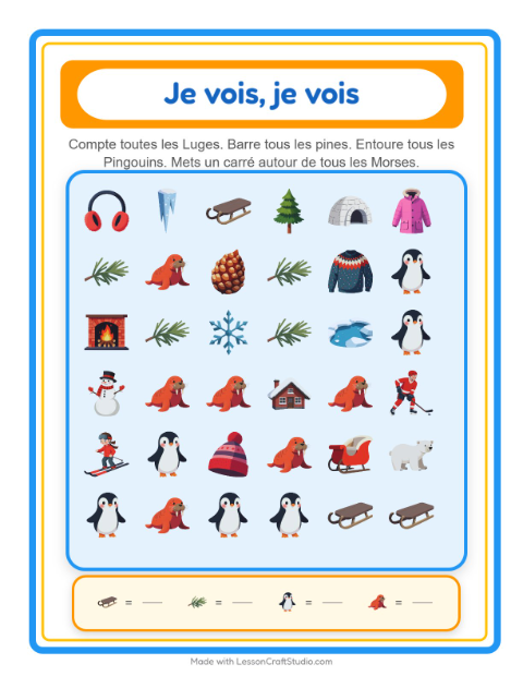 Aperçu de la fiche Trouve Et Compte avec Hiver pour École maternelle (petite/moyenne section, 3-5 ans)